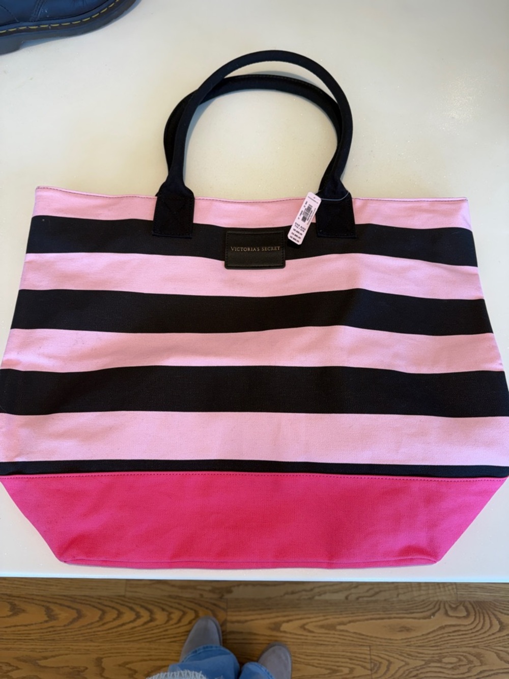 Victoria's Secret Pink & Black Striped Canvas Tote with Hot Pink Base